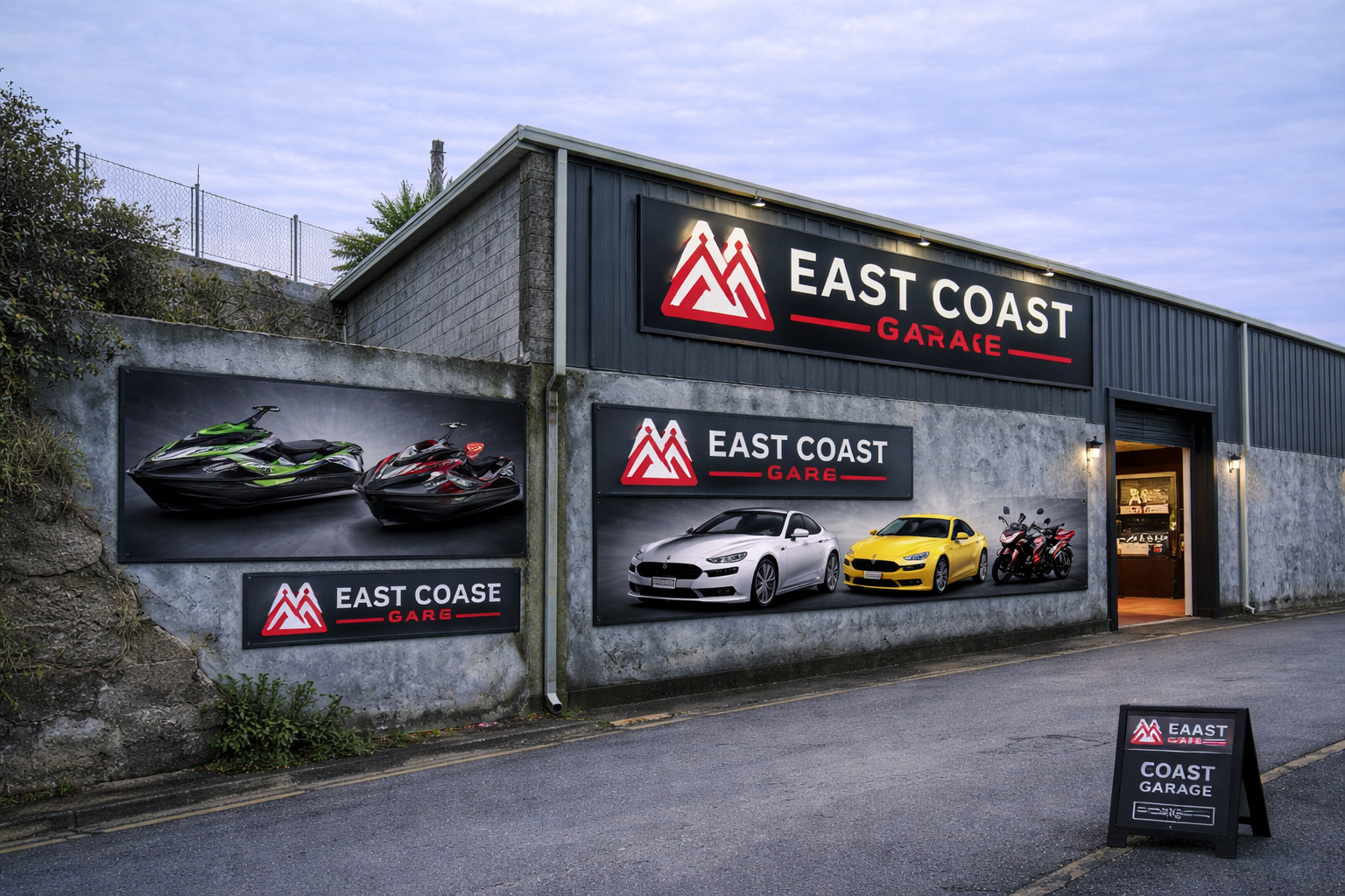 East Coast Garage facade with branded posters
